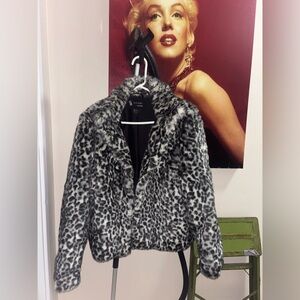 Black and White Faux Fur Animal Print Jacket with Plush Texture and Bold…